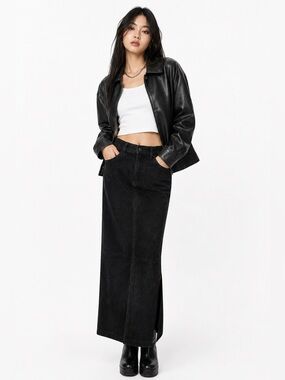 Vintage Express Suede Leather Maxi Skirt Black 90s Y2K Minimalist Pencil 9/10